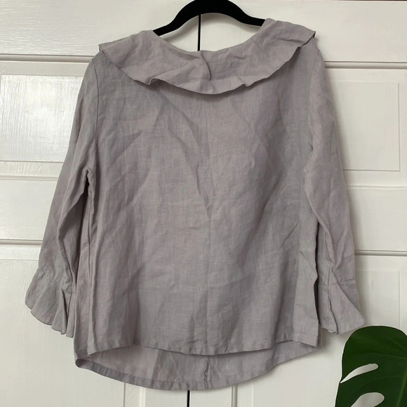 bryn WALKER Linen V-Neck Flutter Bell Sleeve Top Muted Clay Gray Boxy Lagenlook - Picture 3 of 7